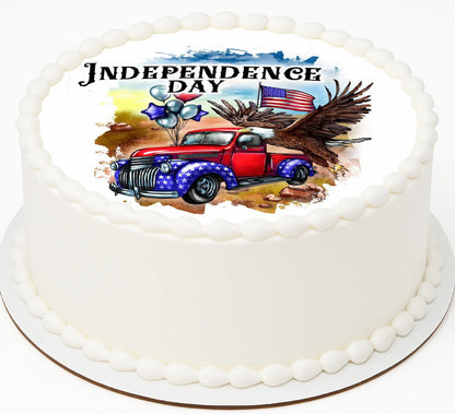 Cake with Independence Day design featuring a red truck, eagle, and American flag.