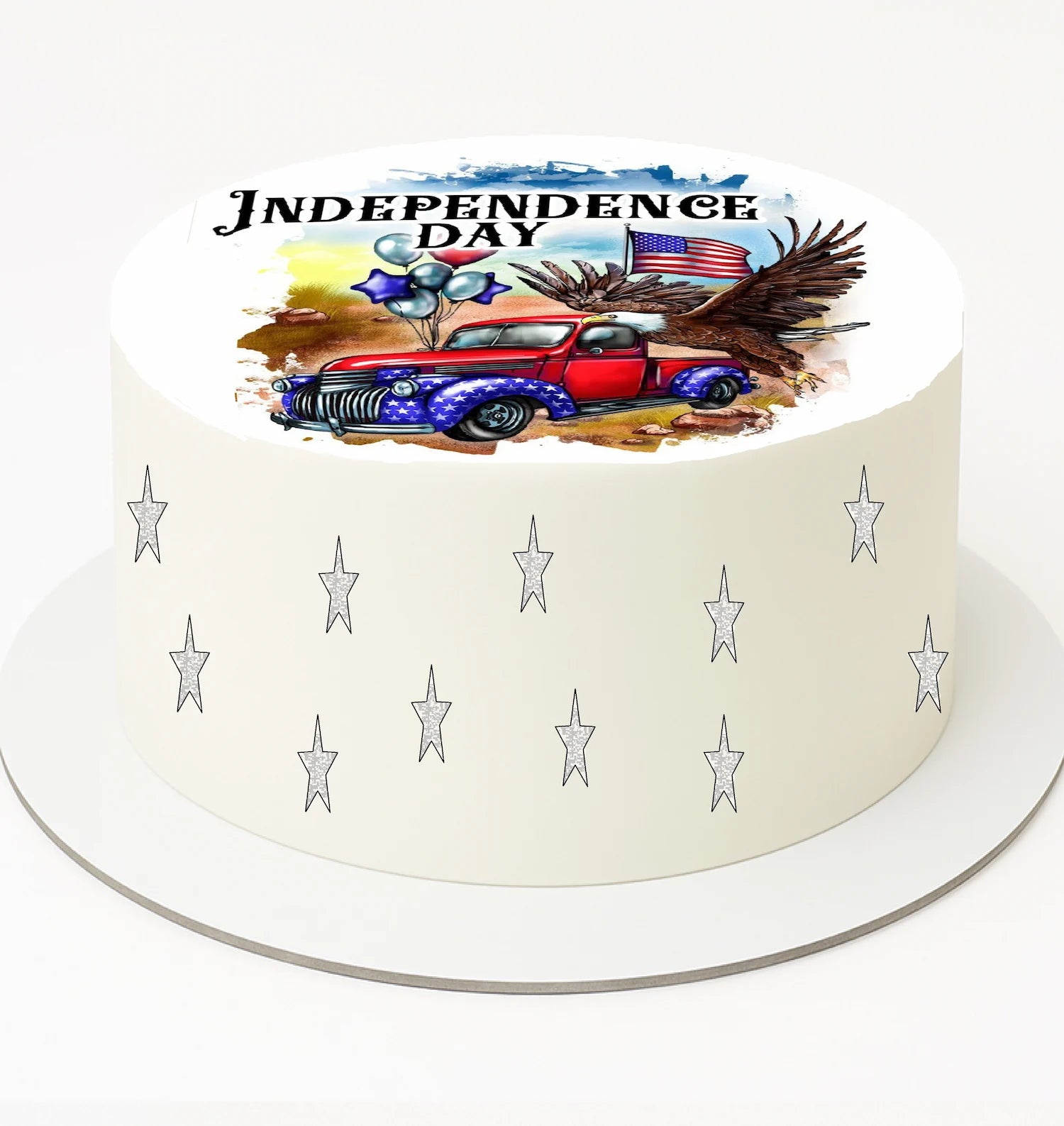 Cake with red, white, and blue geometric pattern on top