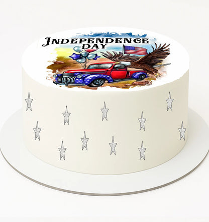 Cake with red, white, and blue geometric pattern on top