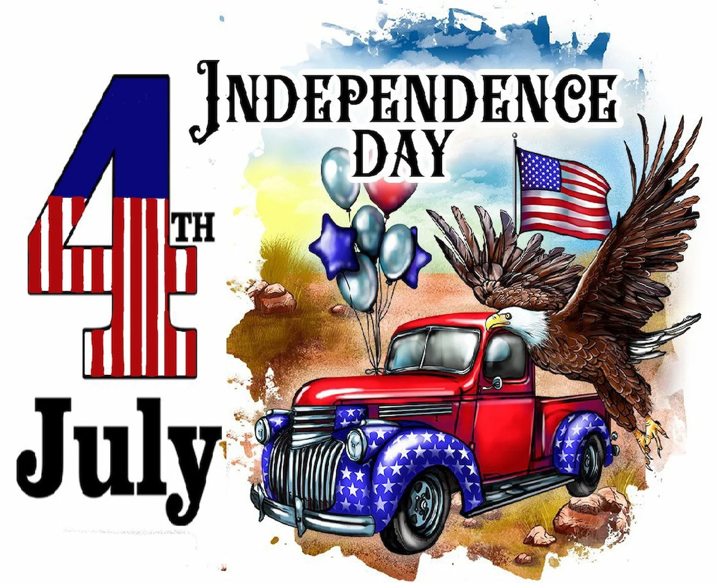 4th of July themed graphic with a red truck, eagle, and American flag.