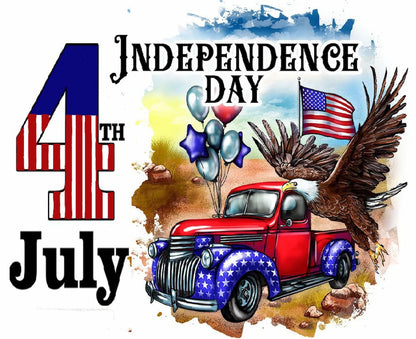 4th of July themed graphic with a red truck, eagle, and American flag.