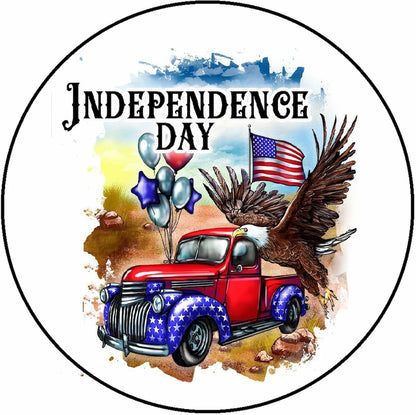 Illustration of a red truck with an eagle and balloons, celebrating Independence Day.