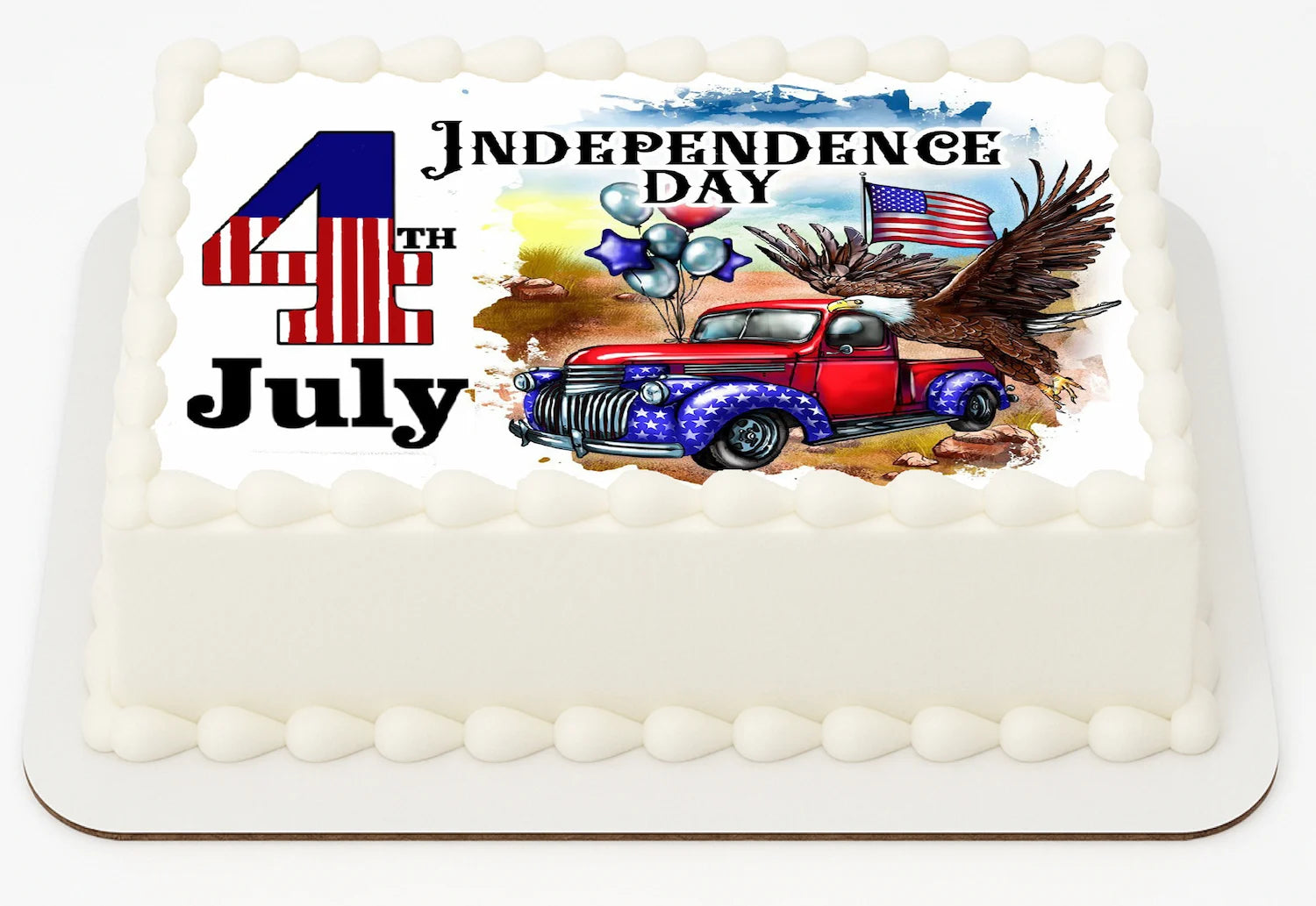 Sheet cake with American flag design on a white background