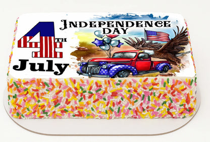 Rectangular cake decorated like the American flag with colorful sprinkles on a white background