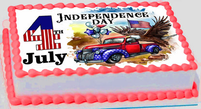 Independence Day-themed cake with a red, white, and blue car design on a white background.