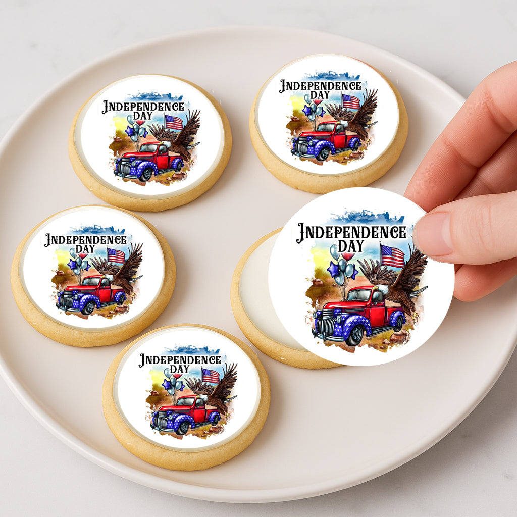 Custom Edible Cake Topper Independence Day Truck Design – Icing Sheet Cookie & Cupcake Images –20 Pre-cut 2” Round– RA Pape