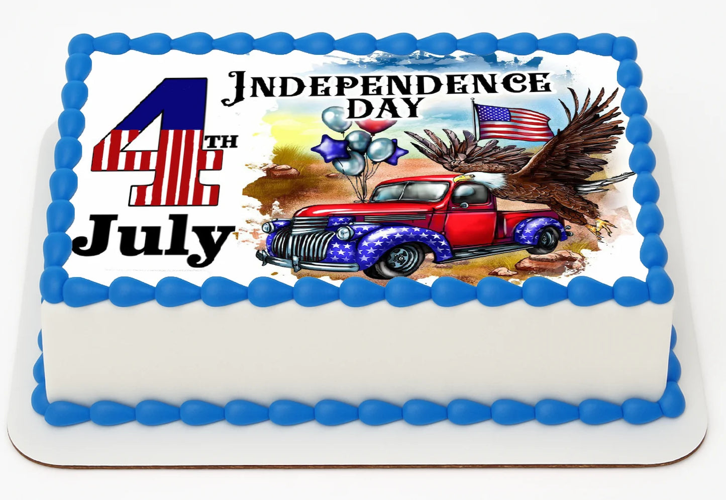 Custom Edible Cake Topper – Independence Day Truck Design – 1/4 Sheet Cake (9x13) – Precut Icing Sheet – RA Pape