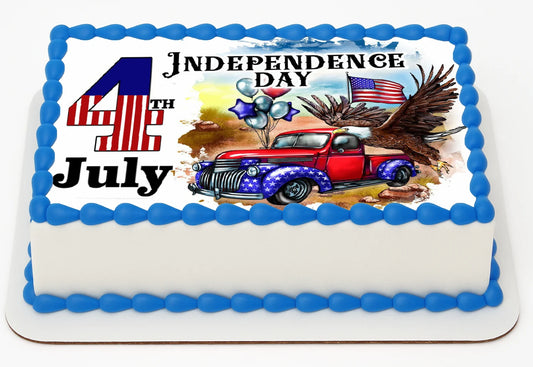 Custom Edible Cake Topper – Independence Day Truck Design – 1/4 Sheet Cake (9x13) – Precut Icing Sheet – RA Pape