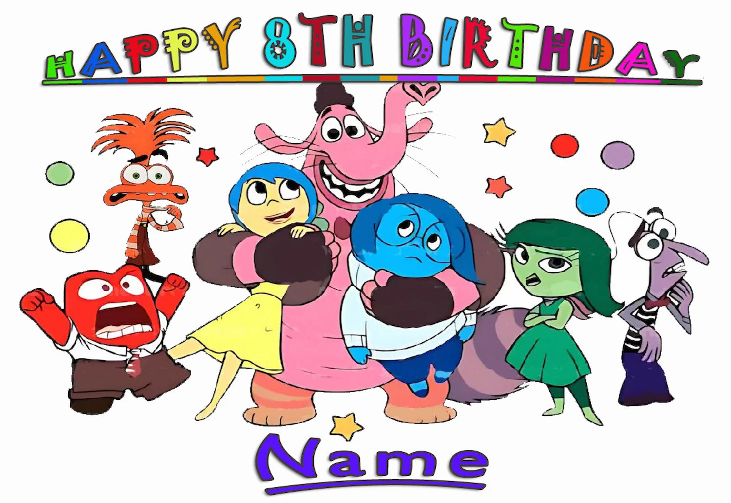 Personalized edible Icing Images birthday cake topper with Inside Out cartoon characters and 'Happy 8th Birthday' and name that can be personalized