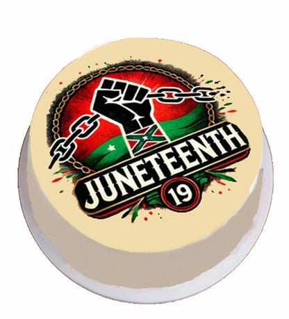 Custom Edible Cake Topper – Juneteenth Breaking the Chains Design – Pre-cut 8" Round Icing Sheet – RA Pape