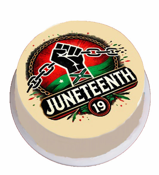 Custom Edible Cake Topper – Juneteenth Breaking the Chains Design – Pre-cut 8" Round Icing Sheet – RA Pape