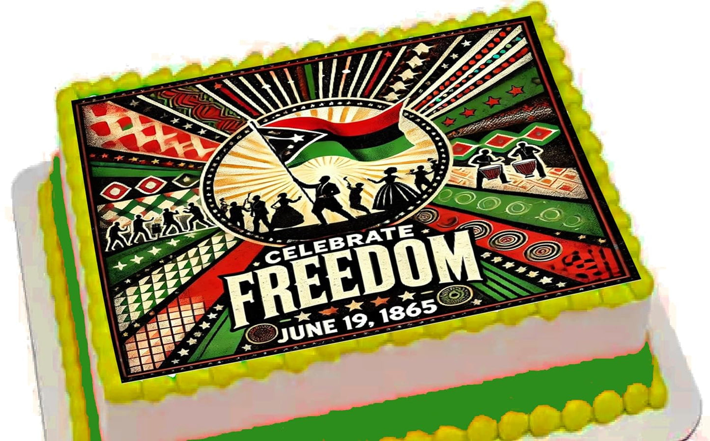 Custom Edible Cake Topper – Juneteenth Celebrate Freedom Design – 1/4 Sheet Cake (9x13) – Precut Icing Sheet – RA Pape