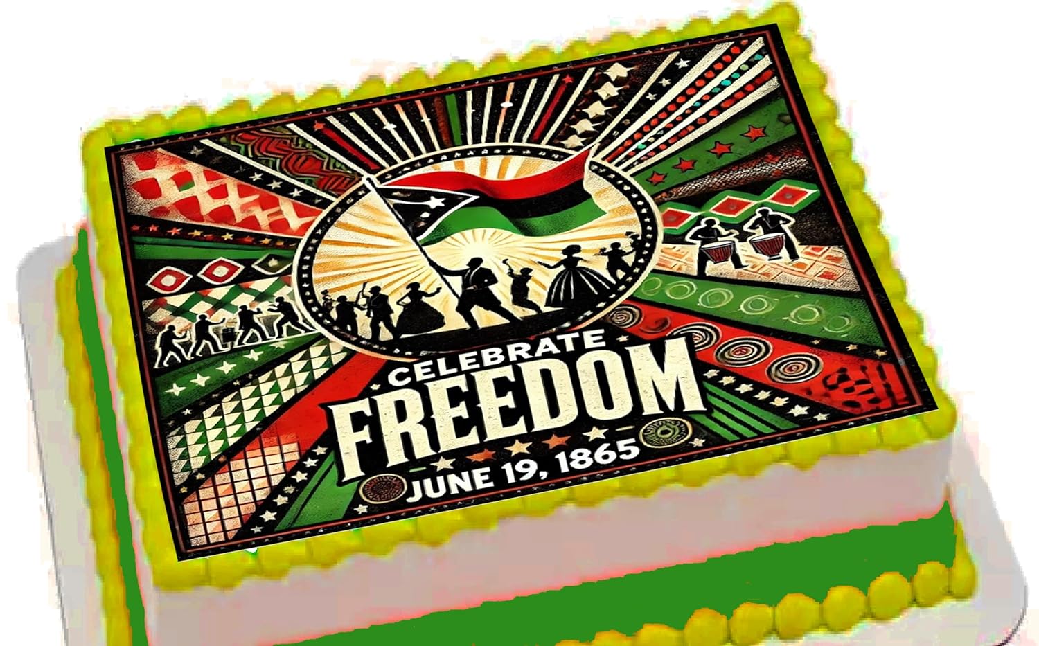 Custom Edible Cake Topper – Juneteenth Celebrate Freedom Design – 1/4 Sheet Cake (9x13) – Precut Icing Sheet – RA Pape
