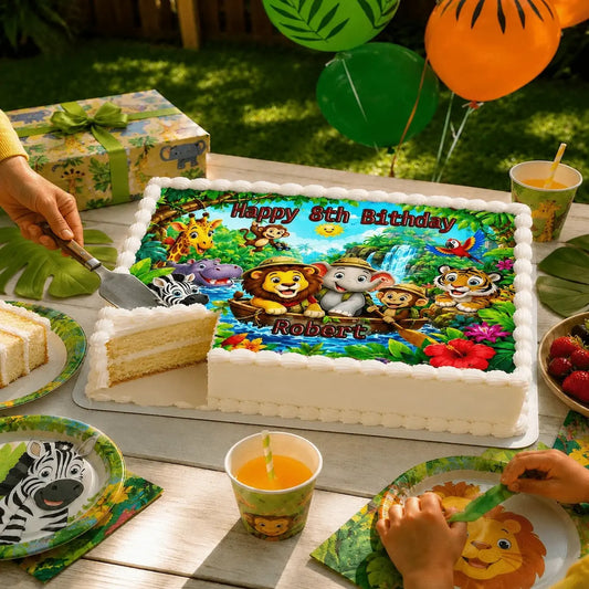 Jungle Safari Birthday Edible Image Cake Topper - 1/4 Icing Sheet