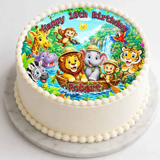 Jungle Safari Birthday Edible Image Cake Topper - Precut 8" Icing Sheet