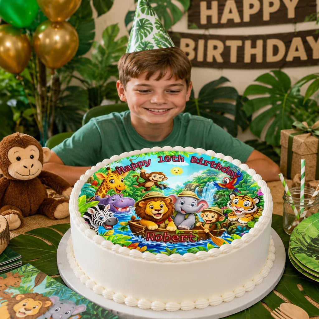 Party Time Custom Edible Image Cake Topper - Jungle Safari Adventure Birthday - Precut 8" Icing Sheet - RA Pape