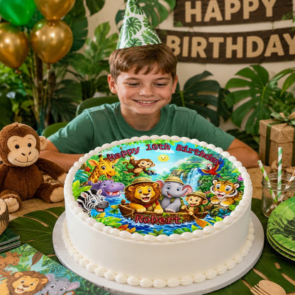 Party Time Custom Edible Image Cake Topper - Jungle Safari Adventure Birthday - Precut 8" Icing Sheet - RA Pape