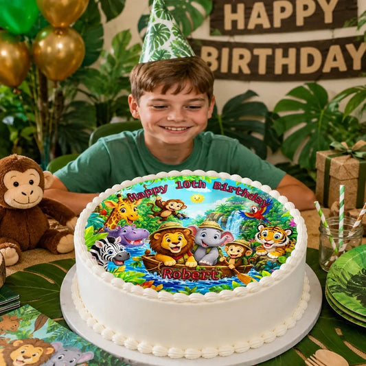 Jungle Safari Birthday Edible Image Cake Topper - Precut 8" Icing Sheet