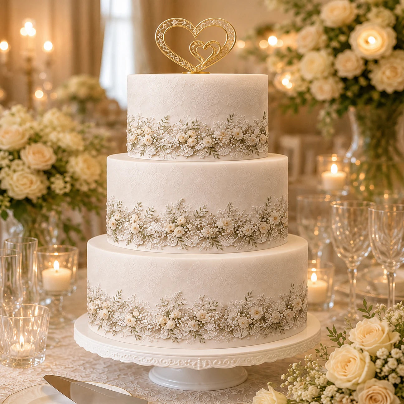 Lace and Baby’s Breath Wedding Custom Edible Image Cake Wrap – Seamless Icing Sheet - RA Pape Elegent Celebration