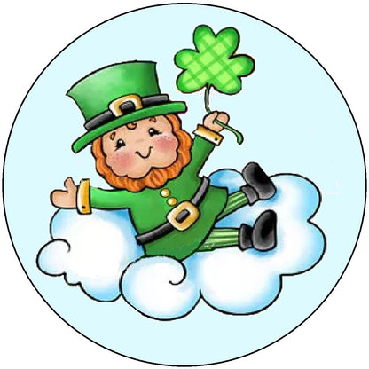 Cartoon leprechaun character with a green hat and beard, holding a four-leaf clover,on a edible image.