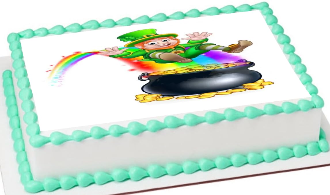Edible image cake topper with a leprechaun character on a rainbow.