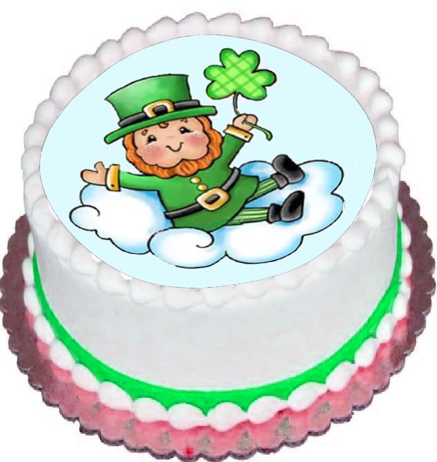 Cake topper edible image leprechaun design on top, featuring a cartoon character holding a four-leaf clover.