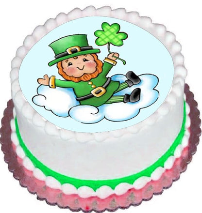Cake topper edible image leprechaun design on top, featuring a cartoon character holding a four-leaf clover.