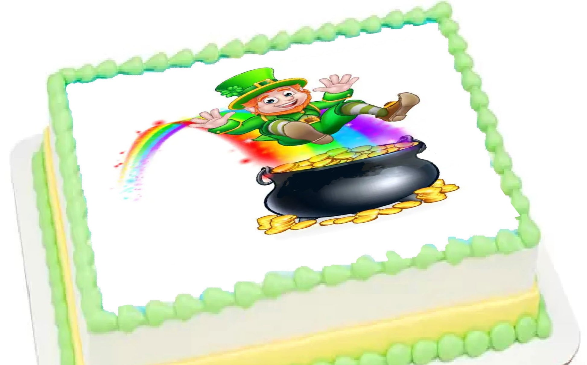 Cake Topper with a leprechaun and pot of gold design on a edible image