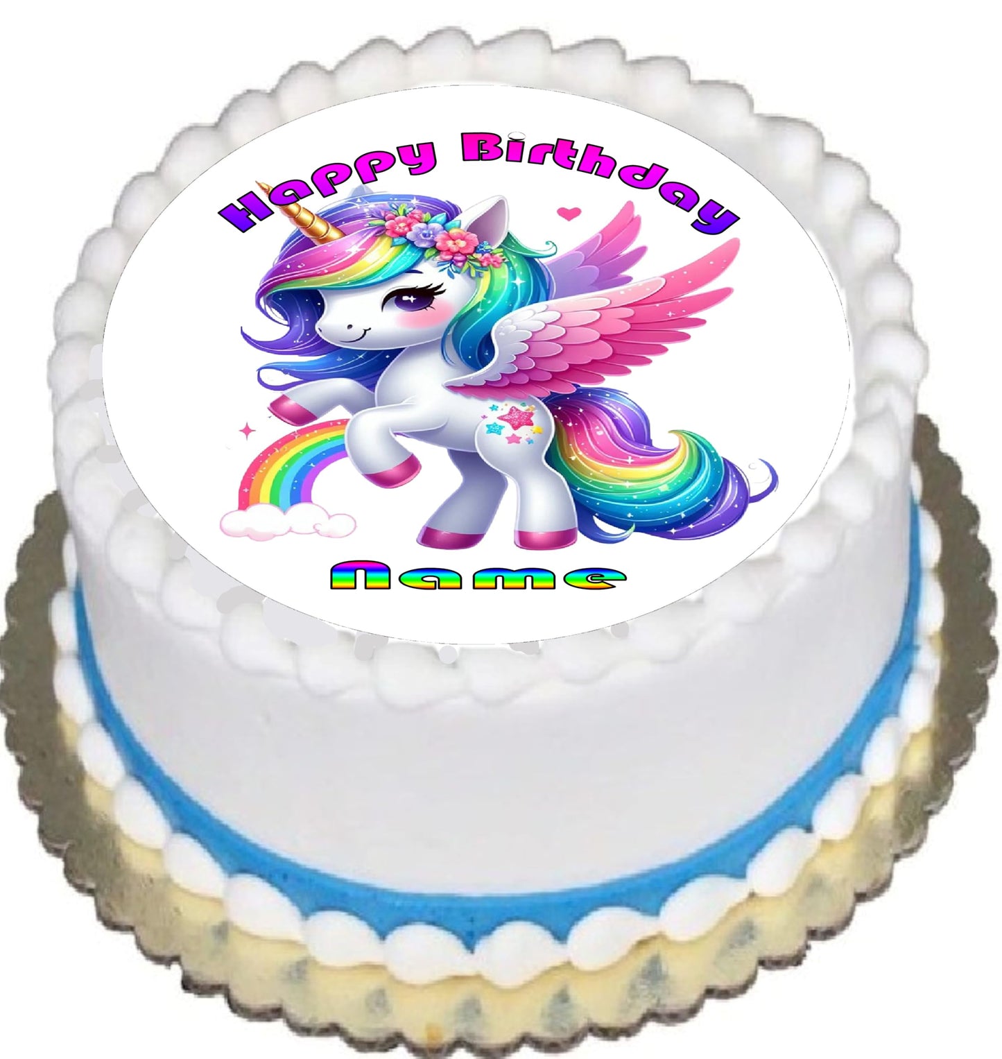 Birthday cake with a unicorn and rainbow design on top