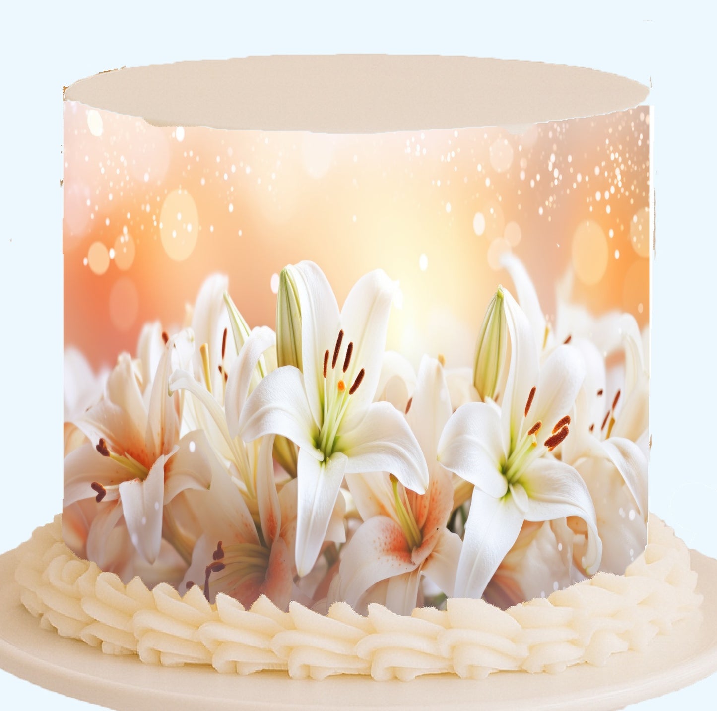 Luminous Lily Seamless Edible Image - Radiant White Floral Cake Wrap for Anniversaries and Birthdays Easy  to Use