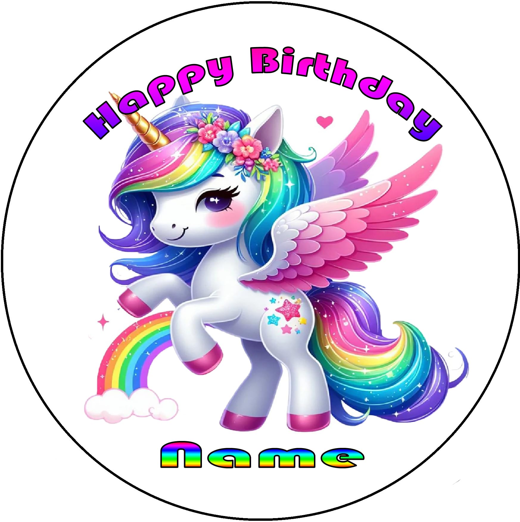Round birthday edible image cake topper with a colorful unicorn and 'Happy Birthday' text.