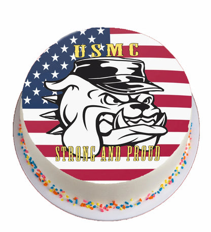 Cake with USMC logo and 'Strong and Proud' text on a white background