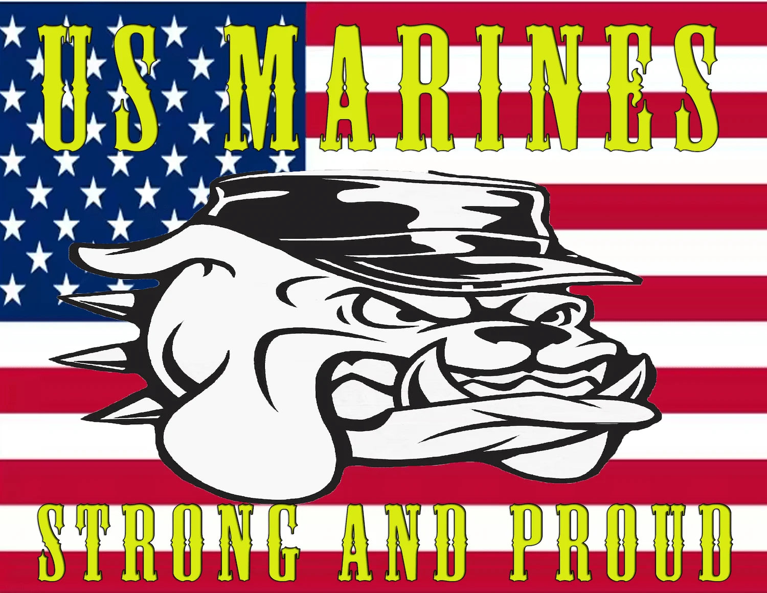 US Marines logo with bulldog graphic and 'Strong and Proud' text on an American flag background
