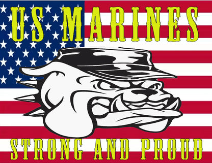 US Marines logo with bulldog graphic and 'Strong and Proud' text on an American flag background