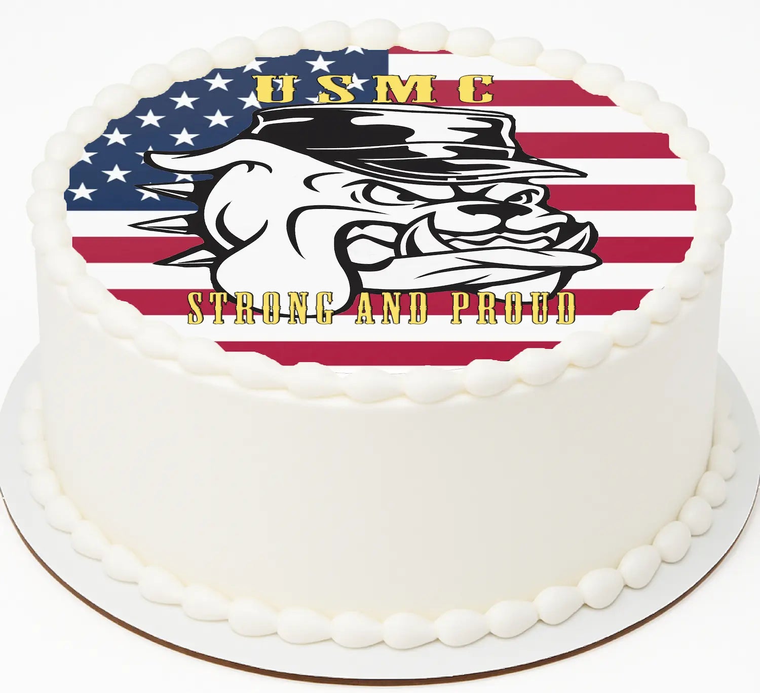 Cake with USMC logo and 'Strong and Proud' text on a white background