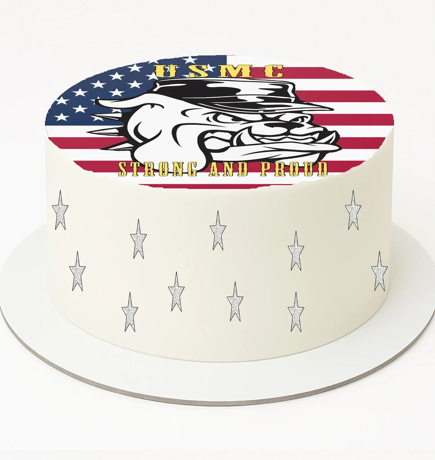 Marine Bulldog Proud and Strong Edible Cake Image Topper on white 8" cake