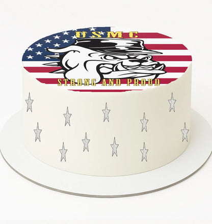 Marine Bulldog Proud and Strong Edible Cake Image Topper on white 8" cake