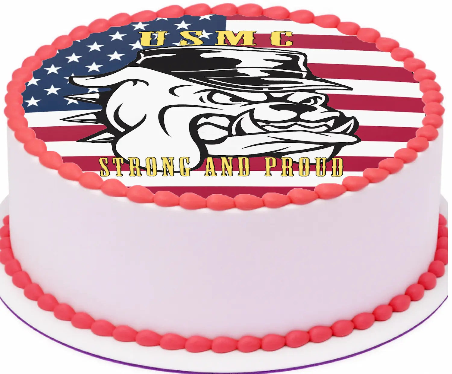 Cake with U.S. Marine Corps logo and 'Strong and Proud' text on a white background