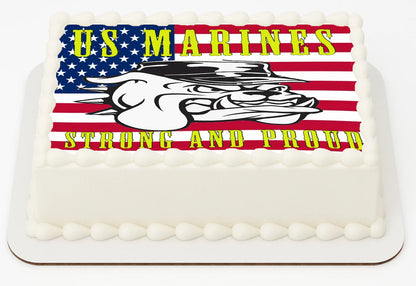 Cake with Edible Image of US Marines logo and 'US Marines Strong and Proud' text on a white background
