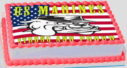US Marines edible icing image on a cake with American flag design and text on a white background