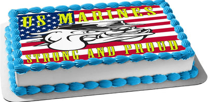Cake with US Marines logo and 'Strong and Proud' text on an American flag on a edible image 
