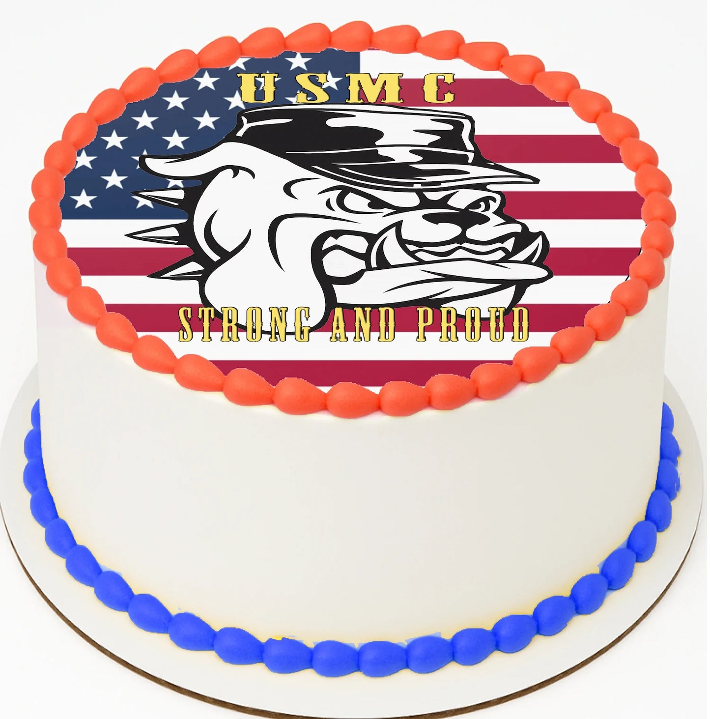 USMC cake with American flag design and 'Strong and Proud' text