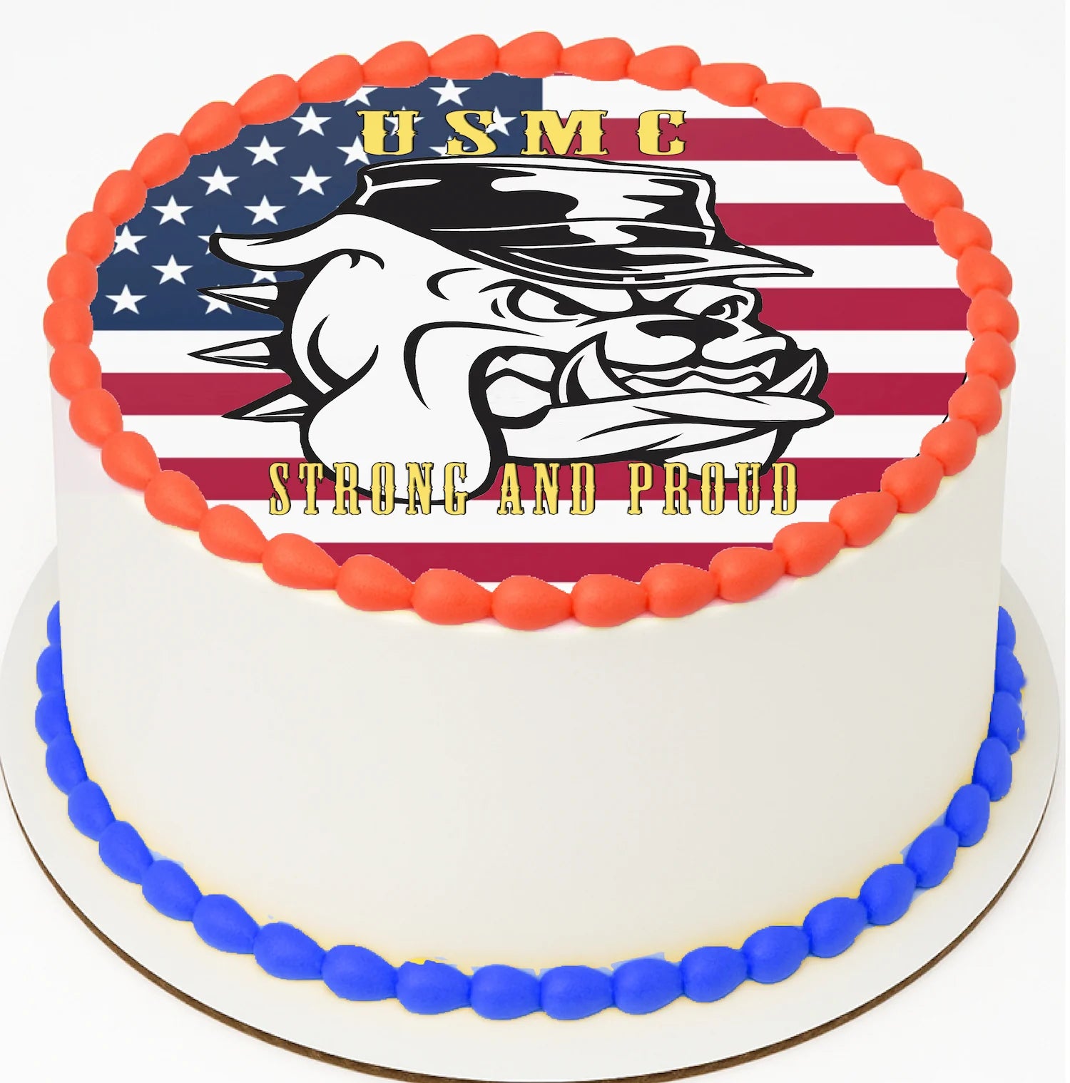 USMC cake with American flag design and 'Strong and Proud' text