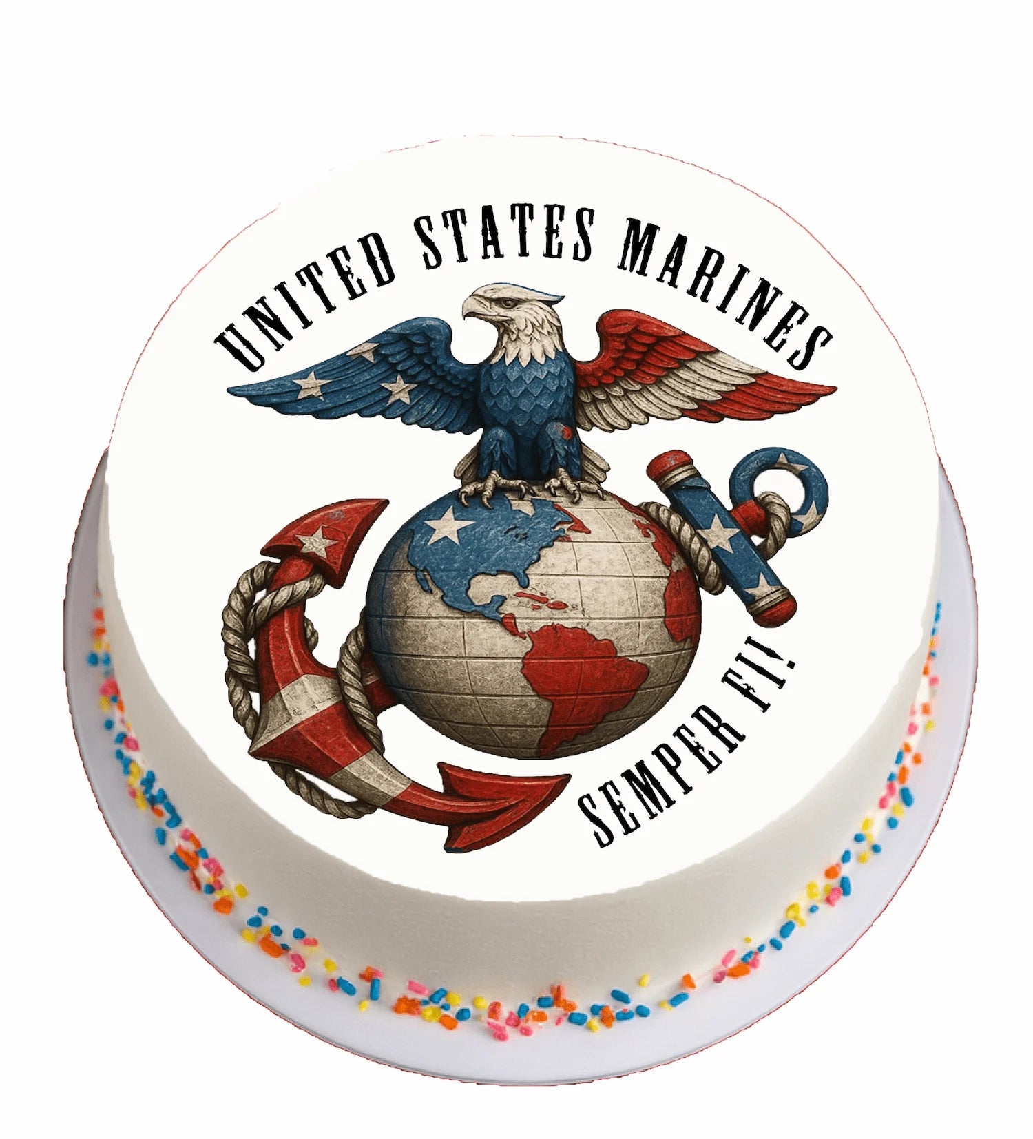 Round cake topper with United States Marines logo featuring an eagle, globe, and anchor.