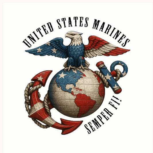 United States Marines logo with an eagle, globe, and anchors on a white background
