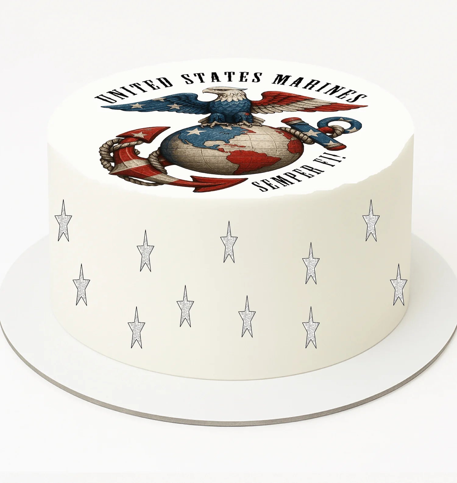 Cake with United States Marines emblem and text on a white background