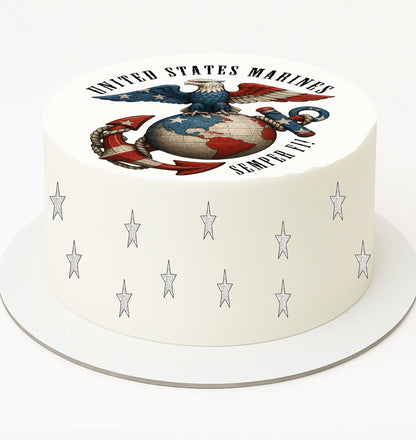 Cake with United States Marines emblem and text on a white background