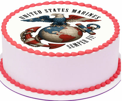 Cake with United States Marines emblem and 'Semper Fi!' text on a white background