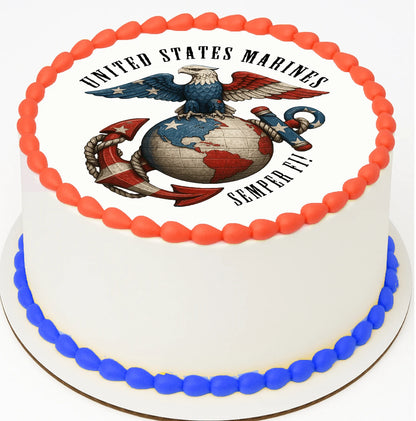 Cake with United States Marines logo and text on a white background