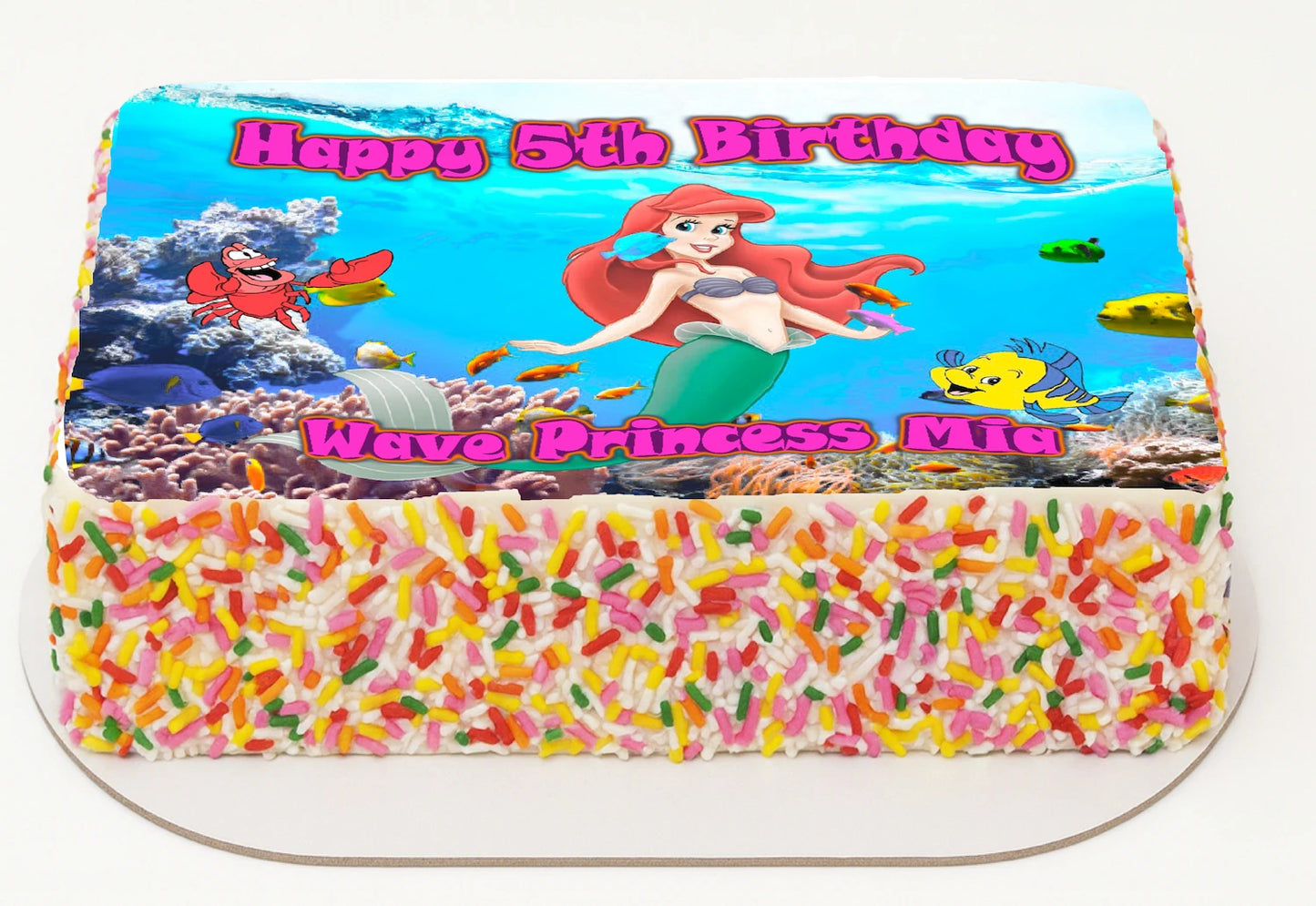 Edible Icing Images Sheet Cake Topper with 'Happy Birthday & Name' Personalized text and Party with Mermaid-themed characters.